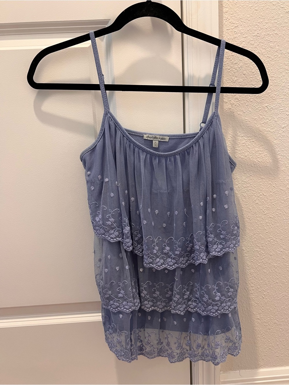Charlotte Russe Blue Embroidered Mesh Tiered Cami Top - Size Medium